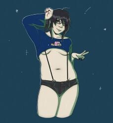 asian asian_female average_breasts belly black-hair body_hair chubby chubby_female clothed cxykxdnx9c glasses half-dressed jean_shorts looking_at_viewer nipples nyan_cat posing_for_the_viewer self_portrait tiny_short