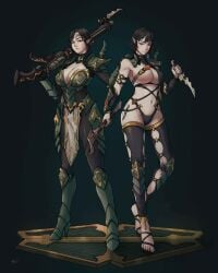 2girls alien alien_girl artist_request big_breasts black_hair dark_eldar drukhari eldar elf_ears female female_only short_hair stockings tagme_(artist) warhammer_(franchise) warhammer_40k