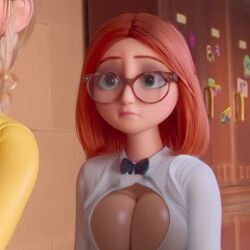 1girls alternate_breast_size big_breasts boob_window boobs brown_hair chloe_bourgeois edit edited edited_screencap fake_ruidx female female_focus female_only glasses glistening_lips green_eyes huge_breasts ladybug_&_cat_noir:_the_movie large_breasts miraculous:_tales_of_ladybug_and_cat_noir miraculous_ladybug nipple_bulge no_bra offscreen_character public public_exposure revealing_clothes rui3delsa ruidx sabrina_raincomprix school skimpy_clothes