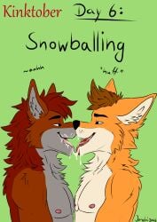 absurd_res after_kiss anthro bodily_fluids breath brown_body brown_fur canid canine canis cum cum_drip cum_in_mouth cum_inside cum_kiss cum_on_face domestic_dog dripping duo fur genital_fluids hi_res jondrethefurry kinktober kissing male male/male male_only mammal panting snowballing