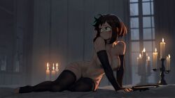 ai_generated bakedcookie blood bridal_gauntlets dark_areola highres injury large_areolae my_hero_academia ochako_uraraka stirrup_legwear toeless_legwear uncensored whip_marks