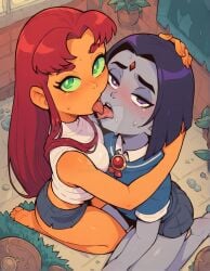 ai_generated blush blushing_at_viewer casual_clothes dc dc_comics french_kiss french_kissing holding_partner's_head hugging looking_at_viewer looking_back_at_viewer looking_up making_out raven_(dc) starfire summer sweating sweaty teen_titans tongue_touching_another's_tongue tongues_touching