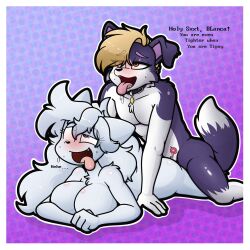 anthro anthro_on_anthro blanca_(nicky_illust) canine collar covering_breasts dean_(drako1997) dialogue drunk drunk_sex female from_behind furry herding_dog male male/female nicky_illust pastoral_dog samoyed tipsy tongue tongue_out