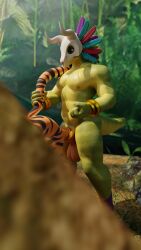 3d_(artwork) abs accessory ambiguous_gender ambiguous_penetration anthro athletic athletic_male balls big_balls big_penis bracelet chest_scar claws cock_ring digital_media_(artwork) doggy_style duo feathers felid forest from_behind_position genitals gold_(metal) gold_jewelry green_body green_nipples green_scales headdress hi_res horn jewelry lihzahrd lizard male male/ambiguous male_focus mammal mask muscular muscular_male nipples nude obscured_character outside outside_sex pantherine pecs penetration penis penis_accessory penis_jewelry plant rainforest reptile scales scalie scar sex skull_mask tail tail_grab terraria tiger tree whoisbabaganush witch_doctor_(terraria)