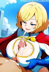 1boy 2024 ai_generated beautifulcabincrew blonde_hair blue_eyes blue_gloves cleavage cleavage_cutout cum cum_on_breasts dc dc_comics female gloves kryptonian leotard paizuri penis power_girl red_cape superman_(series) white_leotard