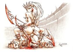 antaeus anthro blood breasts death feline female fur furry guro hair impalement long_hair looking_at_viewer looking_back male male_death pussy sideboob sitting skimpy unconvincing_armour weapon word