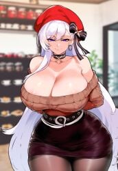 1girls ai_generated artstyle_imitation azur_lane belfast_(azur_lane) belfast_(shopping_with_the_head_maid)_(azur_lane) blue_eyes breasts cleavage female floox hi_res high_resolution hips huge_breasts light-skinned_female light_skin long_hair naughty_face pantyhose skirt solo thiccwithaq_(ai_style) thick_thighs thighs white_hair wide_hips