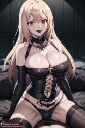 ai_generated big_breasts black_lipstick blonde_hair classroom_of_the_elite collar corset evil_smile female ichinose_honami_(cote) necklace omega-weirdo patreon red_eyes rock_of_succubus sitting_on_bed