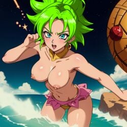 ai_generated beach blue_eyes breasts dragon_ball_super green_hair kefla retouched