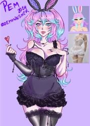 big_breasts big_eyes black_lingerie black_stockings blue_eyes blue_hair busty cotton_tail cottontail_(vtuber) cottontailva demonnsnek digital_art digital_drawing digital_drawing_(artwork) goth goth_girl gothic gothic_lolita hand_on_breast heart heart_symbol heterochromia hourglass_figure lace lace-trimmed_bra lace-trimmed_thighhighs lace_trim lingerie long_eyelashes long_hair multicolored_hair painted_fingernails painted_nails pale-skinned_female pale_skin pearls pink_eyes pink_hair rabbit_ears rabbit_girl short_skirt smile smiling smiling_at_viewer stockings thick_thighs thighs twintails virtual_youtuber vtuber vtuber_persona vtuberfanart vtubers