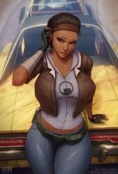 1girls alyx_vance barretxiii big_breasts black_hair brown_eyes clothed clothed_female dark-skinned_female dark_skin female fixing_hair hairband half-life half-life_2 large_breasts leather_gloves looking_at_viewer thick_thighs toned toned_female