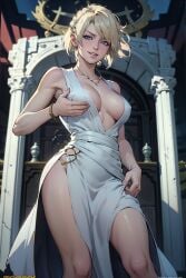 1girls ai_generated blonde_hair blue_eyes breast_grab breast_lift cleavage deep_cleavage dress final_fantasy final_fantasy_xv grabbing_own_breast looking_at_viewer lunafreya_nox_fleuret medium_breasts side_slit solo standing white_dress