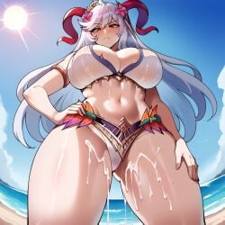 1girls ai_generated beach bikini cum_on_legs cum_on_thighs female_only fire_emblem fire_emblem_heroes freyja_(fire_emblem) freyja_(summer)_(fire_emblem) from_below frown hand_on_hip horns large_breasts looking_at_viewer looking_down outdoors thighs white_hair