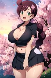 1girls ai_generated big_breasts black_shirt braid braided_hair breasts chloe_(pokemon) cleavage collarbone creatures_(company) female female_focus female_only gamefreak green_eyes large_breasts long_hair nintendo pokemon pokemon_journeys purple_hair ryuzam shirt single_braid solo thick_thighs thighs