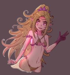 1girls :d bikini blonde_hair breasts female female_only fire_emblem fire_emblem_awakening long_hair meinou nintendo nowi_(fire_emblem) open_mouth pink_eyes pointy_ears small_breasts smile solo swimsuit underboob very_long_hair w yellow_bikini yellow_hair yellow_swimsuit