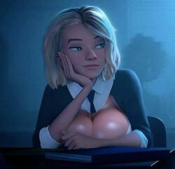 1girls big_breasts blonde_hair blue_eyes blush boob_window breasts busty cleavage dyed_hair edit edited_screencap female female_only full_color gwen_stacy gwen_stacy_(spider-verse) huge_breasts large_breasts marvel marvel_comics no_bra pink_hair ruidx school_girl school_uniform schoolgirl schoolgirl_uniform skimpy_clothes solo solo_female spider-man:_across_the_spider-verse spider-man:_into_the_spider-verse spider-man_(series) sweater