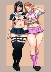 2girls alternate_breast_size big_breasts black_hair blush bottomless bottomless_skirt bow bra breasts exposed_pussy final_fantasy final_fantasy_xiv gaia_(ffxiv) hair_ribbon long_hair looking_at_viewer microskirt miniskirt navel no_panties no_underwear orange_hair peace_sign pussy revealing_clothes ryne_waters school_uniform shini_alonzo skirt slutty_outfit smile smiling smiling_at_viewer square_enix thick_thighs thighhighs