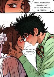 1boy1girl brunette dress flirting forehead_to_forehead green_hair izuku_midoriya my_hero_academia ochako_uraraka suit sunimage text