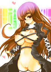 1girls breasts brown_hair dress eyebrows female gradient_hair heart hijiri_byakuren large_breasts light_smile long_hair mabuchoco_m multicolored_hair navel nipples no_bra no_panties open_clothes open_dress purple_eyes pussy solo sorcerer's_sutra_scroll thighhighs touhou two_tone_hair uncensored