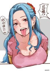 1girls abstract_background aosora arm_band arm_bands bending_forward bending_over blue_hair blush blush_lines blushing cleavage dialogue ear_piercing earrings female female_only hair_ornament huge_breasts japanese_text nefertari_vivi one_piece pink_shirt provocative speech_bubble sweat sweating sweaty tagme text tongue tongue_out translated