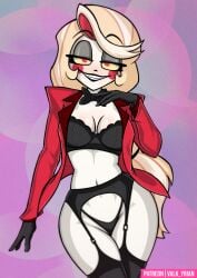 1girls black_lingerie black_lipstick blonde_hair charlie_morningstar_(hazbin_hotel) cleavage female garter_straps hazbin_hotel humanoid jacket jacket_open lingerie looking_at_viewer red_eyes smile smiling smiling_at_viewer valk_yrian white_skin