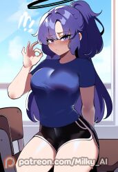 ai_generated blue_archive blue_eyes blue_hair classroom dolphin_shorts fellatio_gesture gym_uniform halo hi_res looking_at_viewer medium_breasts milky_ai millennium_science_school_student ponytail portrait seminar_(blue_archive) sitting sportswear thiccwithaq_(ai_style) thick_thighs wet yuuka_(blue_archive) yuuka_(gym_uniform)_(blue_archive)