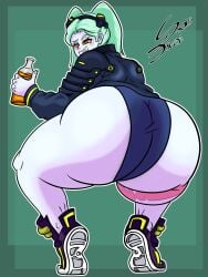 1girls ass big_ass bottle bottom_heavy bubble_butt clothing crouching cyberpunk:_edgerunners cyberpunk_2077 dat_ass fat_ass female female_only huge_ass large_ass looking_at_viewer looking_back png rebecca_(edgerunners) sansface shoes smile solo squatting thick_ass thick_thighs wide_hips