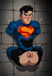 1boy ai_generated balls big_ass conner_kent dc_comics dungeon exposed_ass exposed_balls exposed_penis male_only penis solo stuck_in_wall superboy superboy_(conner_kent) twink young_justice