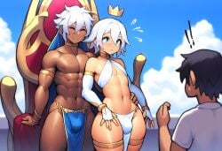 3boys abs ai_generated bulge crown dark-skinned_male dark_skin femboy girly hip_grab king male_only mullon muscular novelai original throne trap