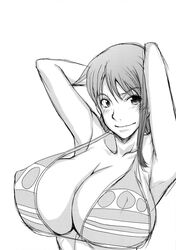 bikini bikini_top black_and_white breasts cleavage female female_only highres huge_breasts matou monochrome nami nami_(one_piece) one_piece post-timeskip solo striped_bikini swimsuit