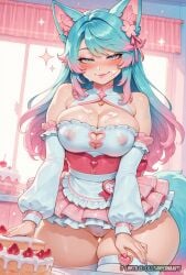 ai_generated animal_ear_fluff animal_ears apron ass_visible_through_thighs bare_shoulders blue_eyes blue_hair blush breasts cake cameltoe cleavage cleavage_cutout closed_mouth clothing clothing_cutout covered_nipples detached_sleeves dress female flower food food_on_body food_on_breasts food_on_face frills fruit gradient_hair hair_flower hair_ornament hair_ribbon hi_res highres indoors large_breasts legwear lillith_inferna_arts lips logo long_hair looking_at_viewer multicolored_hair multicolored_tail nail_polish naughty_face original_artwork panties patreon persyarts pink_hair pink_nails pink_skirt seductive_smile silvervale skindentation skirt smile solo sparkle strawberry streaked_hair swept_bangs tail thick_thighs thigh_gap thighhighs thighs underwear virtual_youtuber vtuber vtuberfanart watermark white_panties white_sleeves white_thighhighs wide_hips window wolf_ears wolf_girl wolf_tail