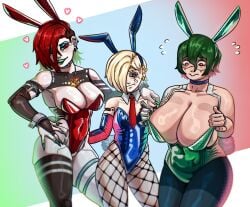 3girls big_breasts blonde_female blonde_hair blonde_hair bunny_ears bunny_girl bunnysuit curvaceous curvy curvy_body curvy_female curvy_figure female female_focus female_only fishnet_legwear fishnets green_hair height_difference incinerated_art original_character pantyhose red_eyes red_hair thick_legs thick_thighs thigh_highs thighhighs thighs