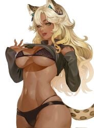 animal_ears big_breasts black_panties blonde_hair bra cat_ears cat_tail cleavage ear_ornament female fingernails genshin_impact green_eyes hoyoverse jewelry large_breasts leopard_print lifting_clothing lips long_hair panties seductive_look seductive_smile shirt_lift smile very_long_hair waist xilonen_(genshin_impact)