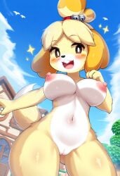 ai_generated animal_crossing blonde_hair blush brown_eyes dog_girl isabelle_(animal_crossing) large_breasts looking_at_viewer nude open-mouth_smile pussy yellow_fur