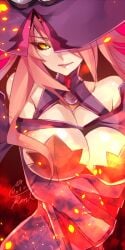 1girls ara_ara black_sclera blazblue blazblue:_central_fiction breasts cleavage colored_sclera hat konoe_a_mercury lips looking_at_viewer milf nine_the_phantom solo takamiya_ren witch_hat yellow_eyes