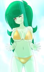 1girls against_glass batipin big_breasts bikini breast_squish breasts breasts_against_glass cleavage equestria_girls female female_only freckles friendship_is_magic golden_bikini green_eyes hasbro looking_at_viewer my_little_pony navel one_eye_closed solo solo_female swimsuit wallflower_blush_(eg) wink yellow_bikini