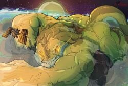 anthro ass back genitals hi_res hyper macro male megfluff micro muscular penis planet reptile scalie snake solo space teasing toony