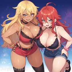 2girls ahoge ai_generated big_breasts black_bow black_collar black_panties black_thigh_highs black_thighhighs blonde_female blonde_hair blonde_hair_female blue_eyes bra bracelet breasts breasts_touching chocker cleavage collar denim denim_shorts earrings fangs female females females_only gyaru gyaru_gal gyaruo heart-shaped_pupils heart_eyes heart_symbol jorgecarlosai leg_up long_hair multiple_females multiple_girls pale pale-skinned_female pale_body pale_skin pale_skinned_female panties red_hair red_head scrunchie sisters skirt slut_collar sluts tanned tanned_body tanned_female tanned_girl tanned_skin teeth thighhighs watermark whore_eyes