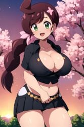 1girls ai_generated big_breasts black_shirt braid braided_hair breasts chloe_(pokemon) cleavage collarbone creatures_(company) female female_focus female_only gamefreak green_eyes large_breasts long_hair nintendo pokemon pokemon_journeys purple_hair ryuzam shirt single_braid solo thick_thighs thighs