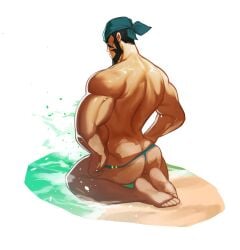 archie_(pokemon) ass bara beard facial_hair feet headkerchief male male_only muscles muscular nintendo on_knees pokemon solo solo_male team_aqua thong uni0421 yetigo