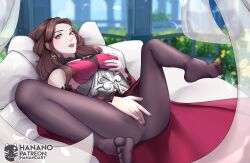 1girls alternate_breast_size brown_hair dorothea_arnault female female_only fingering fingering_self fire_emblem fire_emblem:_three_houses green_eyes hanano heart-shaped_pupils licking_lips looking_at_viewer masturbation medium_breasts nintendo on_back solo spread_legs vaginal_penetration