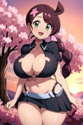 ai_generated braid braided_hair breasts chloe_(pokemon) cleavage female female_focus female_only game_freak green_eyes long_hair nintendo pokemon pokemon_journeys purple_hair single solo thick_thighs thighs