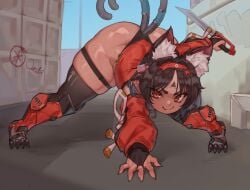 1female 1girls 2d_(artwork) animal_ears animal_humanoid ass bent_over big_ass big_butt butt cat_ears cat_girl clothed clothed_female clothing felid feline feline_humanoid felis female humanoid nekomiya_mana ourobot pose solo solo_female tail thick_thighs thighs two_tails weapon zenless_zone_zero