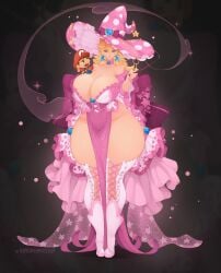 1boy 1girls blonde_hair breasts_bigger_than_head female hi_res highres hips huge_thighs large_breasts mario mario_(series) mario_bros mario_bros._(game) mature mature_woman nintendo princess_peach super_mario_land thick_thighs thighhighs tundromaiden voluptuous voluptuous_female wasp_waist wide_hips witch_hat