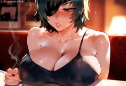 ai_generated big_breasts big_lips blush chainsaw_man close-up dark_hair flirting himeno_(chainsaw_man) huge_breasts luxuriaart massive_breasts mommy plump_lips pov_eye_contact sweat teasing thiccwithaq_(ai_style) thick_lips