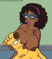 1boy 1girls 20th_century_fox 20th_century_studios accurate_art_style aged_up bart_simpson big_breasts black_hair breasts dark-skinned_female dark_skin female glasses head_on_breasts human lipstick lockandlewd looking_at_another male nipples nude nude_female nude_male rayshelle_peyton smiling straight tattoo the_simpsons yellow_body yellow_skin