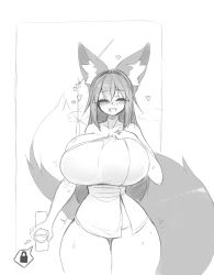 blush breasts breasts_bigger_than_head closed_eyes curvy curvy_female door fangs fox_ears fox_girl fox_tail heart_symbol hearts_around_head hourglass_figure huge_breasts kiri_(sub-res) long_hair monochrome open_mouth smile sub-res thick_thighs thighs towel towel_only