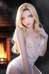 ai_generated breasts cute fire_place flirting glowing_eyes goddess greek_mythology hestia_(greek_mythology) looking_at_viewer nipples nude percy_jackson_and_the_olympians small_breasts solo_female