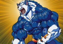 1boy abs anthro biceps big_muscles blue_body blue_fur bottomwear canid canine capcom claws clothed clothing darkstalkers empty_eyes fur hair huge_muscles jon_talbain male male_only mammal muscular muscular_arms muscular_male mythological_canine mythological_creature mythology pants pecs pokkuti roaring sash simple_background solo teeth topless topless_anthro topless_male vein veiny_muscles were werecanid werecanine werewolf