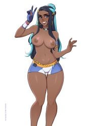 1girls big_breasts black_hair blonde_hair blue_eyes dark-skinned_female dark_skin earrings gym_leader nessa_(pokemon) nipples pokemon pokemon_ss toksie